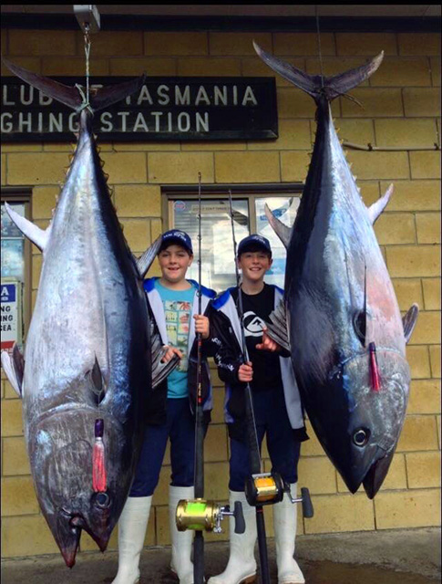 ANGLER: Toby Nichols (10yrs) and Sam Nichols (12yrs) SPECIES: Southern Bluefin Tuna  WEIGHT: Toby's 119kg, Sam's 112kg LURE: Toby 9" JB Lures Smoking Gun, Sam 6.5" JB Lures Micro Dingo.